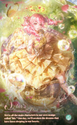  1girl arm_warmers artist_request bare_shoulders brown_eyes bubble character_name circle_skirt coin commentary copyright_name day dress drill_hair english_commentary english_text fairy_wings feet_out_of_frame floating_hair fountain frilled_dress frills from_above gold_coin grass hair_between_eyes happy_birthday heart's_wish_fountain_(shining_nikki) highres jewelry light_blush light_particles lipstick long_hair looking_at_viewer makeup medium_dress nikki_(nikki) nikki_(series) offering_hand official_alternate_color official_art outdoors parted_bangs petals pink_hair pink_lips rose_petals second-party_source shining_nikki sleeveless sleeveless_dress smile solo strapless twin_drills twintails wings yellow_arm_warmers yellow_dress yellow_wings 