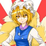  1girl animal_ears blonde_hair fox_ears il_postino looking_at_viewer open_mouth solo tail touhou yakumo_ran yellow_eyes 