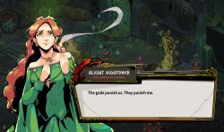  1girl a_song_of_ice_and_fire alicent_hightower artist_name breasts brown_hair character_name closed_mouth commentary crown dress earrings english_commentary english_text fire furrowed_brow green_dress green_eyes hand_on_own_chest house_of_the_dragon jewelry long_hair medium_breasts necklace off-shoulder_dress off_shoulder parted_bangs rebekah_jin smoke solo star_(symbol) star_necklace upper_body wavy_hair 