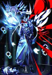  1girl 2025 animification ankle_boots armor asymmetrical_gloves black_armor black_background black_boots black_gloves blackhopelie blue_gem blue_mask blue_skirt boots breasts brooch chromatic_aberration closed_eyes colored_eyelashes commentary covered_mouth dated english_commentary fewer_digits full_body gem gloves glowing hand_up highres holding holding_staff ice_crystal jewelry long_skirt mask medic_(fallen)_(tower_defense_simulator) medic_(tower_defense_simulator) medium_hair mismatched_gloves mouth_mask official_alternate_costume official_alternate_hair_color official_alternate_hairstyle roblox saturated sidelighting silver_trim simple_background skirt small_breasts solo sparkle staff standing straight-on teardrop tiara tower_defense_simulator twitter_username two-handed u_u white_gloves white_hair 