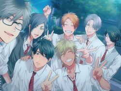  6+boys ^_^ adam's_apple arm_around_shoulder averting_eyes black-framed_eyewear black_eyes black_hair black_sweater_vest blonde_hair blonde_streaks blue_eyes brown_eyes choppy_bangs closed_eyes collarbone collared_shirt commentary_request crossed_arms curtained_hair diagonal-striped_clothes diagonal-striped_necktie everyone eyelashes face_piercing fingernails grey_hair grey_vest grin group_picture gyaruo hair_between_eyes hair_over_one_eye hand_in_pocket hand_on_another's_shoulder hand_up heads_together kaga_yukihiko light_blush light_rays lip_piercing lip_ring long_bangs long_sleeves looking_at_viewer looking_to_the_side loose_necktie male_focus medium_hair meguri_shun minase_tomo mullet multicolored_hair multiple_boys necktie niina_yuuki official_art ogeretsu_tanaka one_eye_closed open_mouth orange_hair oretachi_majikou_destroy outdoors pale_skin parted_bangs parted_hair partially_unbuttoned piercing rectangular_eyewear red_necktie school_uniform serisawa_jun shirt short_eyebrows short_hair sideways_glance sleeves_rolled_up smile streaked_hair striped_clothes suzushiro_miyu sweater_vest swept_bangs tree upper_body v v-shaped_eyebrows very_short_hair vest white_shirt yano_kisuke 