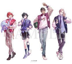  4boys alternate_costume arm_up armband arurandeisu bag baseball_cap black_hair black_jacket black_necktie black_shorts blue_jacket chashibu collar_chain_(jewelry) collared_shirt commentary_request copyright_notice cross-laced_clothes cross-laced_jacket cross-laced_sleeves dark-skinned_male dark_skin denim envelope full_body gift_bag gingham_pants glasses green_eyes grey_hair hair_ornament hairclip hanasaki_miyabi hand_in_pocket hat headphones headphones_around_neck holding holding_bag holding_envelope holding_stuffed_toy holostars jacket jeans kanade_izuru kyomu_suzume legwear_garter letterman_jacket lightning_bolt_hair_ornament lightning_bolt_symbol male_focus medium_hair multiple_boys necktie official_art pants patch pink_hair pizza-kun_(arurandeisu) ponytail purple_jacket red_hair red_jacket rikka_(holostars) sample_watermark sekai_ichi_(holostars) shirt shoes short_hair short_ponytail shorts sneakers socks spanner_(holostars) striped_clothes striped_necktie stuffed_jellyfish stuffed_toy suspender_shorts suspenders t-shirt track_pants violet_eyes virtual_youtuber watermark white_background yellow_eyes 