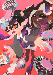  2girls absurdres callie_(splatoon) commentary_request cupcake food highres inoue_seita looking_at_viewer loose_necktie marina_(splatoon) mole mole_under_eye mole_under_mouth multiple_girls necktie open_mouth orange_eyes red_background shoes skirt splatoon_(series) sweater symbol-shaped_pupils tagme tentacle_hair two-tone_necktie 