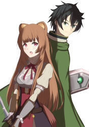  1boy 1girl :o absurdres animal_ear_fluff animal_ears arm_shield armor belt black_dress black_hair black_shirt blunt_bangs blush breastplate breasts brown_belt brown_gloves brown_hair cloak closed_mouth collared_dress collared_shirt commentary_request dress frown fur-trimmed_cloak fur_trim gloves green_cloak green_eyes grey_armor grey_gloves hadhukineko hair_between_eyes hair_tubes high_collar highres holding holding_shield holding_sword holding_weapon hood hood_down hooded_cloak iwatani_naofumi layered_dress legendary_shield_(small_shield)_(tate_no_yuusha_no_nariagari) legendary_shield_(tate_no_yuusha_no_nariagari) long_hair long_sleeves medium_breasts messy_hair metal_arm_cuffs metal_hair_tubes metal_wrist_cuffs multicolored_gloves neck_ribbon open_collar open_mouth pauldrons pinstripe_dress pinstripe_pattern raccoon_ears raccoon_girl raccoon_tail raphtalia red_dress red_eyes red_ribbon ribbon shield shirt short_dress short_hair shoulder_armor simple_background single_pauldron sleeveless sleeveless_dress straight_hair sword tail tate_no_yuusha_no_nariagari two-tone_dress two-tone_gloves upper_body v-shaped_eyebrows weapon white_background white_dress 