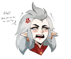  1girl anger_vein commentary commission cupperexe earrings edalyn_clawthorne embarrassed english_commentary eyelashes highres jewelry long_hair looking_to_the_side open_mouth pointy_ears simple_background solo teeth the_owl_house upper_body upper_teeth_only white_background white_hair yellow_eyes 