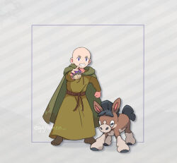  1boy a_knight_of_the_seven_kingdoms a_song_of_ice_and_fire aegon_v_targaryen bald brown_shoes child clenched_hand cloak commentary english_commentary green_cloak green_robe grey_background grin holding holding_poke_ball male_focus mudbray outstretched_arm poke_ball pokemon pokemon_(creature) rebekah_jin robe shoes smile teeth twitter_username violet_eyes 