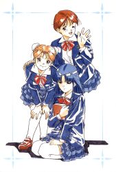  1990s_(style) 3girls blazer blue_eyes blue_jacket blue_skirt book brown_eyes brown_hair brown_shoes bun_cover dark-skinned_female dark_skin double_bun fujiwara_aya hair_bun hand_on_another's_shoulder hand_on_own_thigh hands_on_own_knees hayasaka_akira highres holding holding_book jacket loafers long_hair long_sleeves looking_at_viewer marker_(medium) miniskirt multiple_girls non-web_source official_art one_eye_closed open_clothes open_jacket open_mouth photoshop_(medium) pleated_skirt retro_artstyle seiza shadow shoes short_hair simple_background sitting skirt smile standing super_real_mahjong tanaka_ryou thigh-highs toono_mizuki traditional_media waving white_background white_thighhighs 