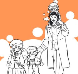  2boys 3girls ^_^ bag beanie carrying child closed_eyes coat earmuffs facial_hair hat lineart mature_male multiple_boys multiple_girls mustache overalls pants piggyback pom_pom_(clothes) pom_pom_beanie ranma_1/2 scarf short_hair skirt tendou_akane tendou_kasumi tendou_nabiki tendou_souun wanta_(futoshi) winter_clothes 