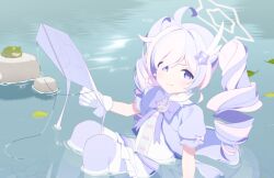  1girl ahoge blue_archive drill_hair frog gloves hair_ornament highres kite looking_at_viewer multicolored_hair official_art pantyhose partially_submerged pink_hair puffy_short_sleeves puffy_sleeves purple_hair purple_pantyhose reisa_(blue_archive) reisa_(magical)_(blue_archive) shallow_water short_sleeves solo star_(symbol) star_hair_ornament striped_clothes striped_pantyhose twin_drills violet_eyes water white_gloves white_pantyhose 