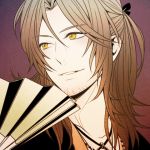  1boy beard brown_hair character_request fan gradient gradient_background komae0611 long_hair male_focus solo tagme yellow_eyes 