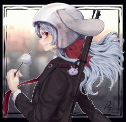  2girls absurdres animal_ears blue_hair brown_jacket closed_mouth crescent crescent_pin dango floppy_ears food gun gun_on_back helmet highres holding holding_skewer jacket long_hair long_sleeves looking_at_viewer multiple_girls rabbit_ears rabbit_girl red_eyes reflection reisen_(touhou_bougetsushou) reisen_udongein_inaba rifle signature skewer smile solo_focus touhou wagashi weapon weapon_on_back white_helmet yukine_0930 