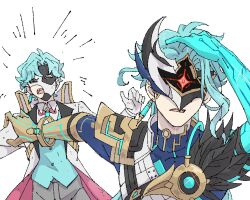  2boys ahoge armor arms_up black_feathers black_mask blue_bodysuit blue_hair blue_hands blue_vest body_markings bodysuit bow bowtie bracelet buttons closed_eyes collared_shirt commentary_request covered_collarbone covered_eyes cowboy_shot cozks2 dottore_(genshin_impact) dottore_(heretic_of_the_false_moon)_(genshin_impact) dottore_(manga)_(genshin_impact) dual_persona earrings eye_mask feathers gauntlets genshin_impact gloves gold_armor gold_bracelet gold_trim grey_pants hand_on_own_head highres hitting jacket jewelry long_hair long_sleeves male_focus mask meme motion_lines multiple_boys naoya_hitting_choso_without_looking_(meme) open_clothes open_jacket open_mouth pants pink_bow pink_bowtie pink_jacket sharp_teeth shirt short_hair shoulder_armor simple_background single_earring single_gauntlet standing teeth tongue two-sided_fabric two-sided_jacket two-tone_mask upper_body v-shaped_eyebrows vest wavy_hair white_background white_gloves white_jacket white_mask white_shirt white_vest 