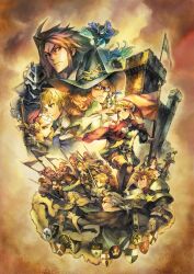  6+boys 6+girls armor army blue_eyes boots bow_(weapon) breastplate broom broom_riding brown_eyes brown_hair cape castle crossbow flag flying grand_knights_history grey_hair hat helmet highres holding holding_bow_(weapon) holding_flag holding_polearm holding_sword holding_weapon kamitani_george lisha_stalake long_sleeves multiple_boys multiple_girls muse_cromwell non-web_source official_art orange_hair photoshop_(medium) polearm princess_sefia rapier rectangular_eyewear red_cape red_eyes spear sword thigh_boots unicorn weapon witch witch_hat 