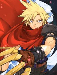  1boy armor belt blonde_hair blue_eyes clawed_gauntlets cloak closed_mouth cloud_strife dakaeya expressionless final_fantasy final_fantasy_vii fingerless_gloves gauntlets gloves highres kingdom_hearts kingdom_hearts_i looking_at_viewer multiple_belts purple_shirt red_cloak screw shirt shoulder_armor single_fingerless_glove single_gauntlet solo spiky_hair upper_body 