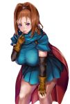  1girl barbara bare_legs blue_dress blush breasts cape dragon_quest dragon_quest_vi female large_breasts leaning_forward looking_at_viewer orange_hair saint_(pixiv5684441) simple_background solo standing violet_eyes white_background 