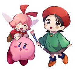  2girls :d ^_^ adeleine art_brush beret black_eyes black_hair blue_eyes blue_socks blush blush_stickers brown_shoes carrying chiimako closed_eyes collared_shirt commentary_request dress duplicate fairy fairy_wings flying green_shirt grey_skirt hair_ribbon happy hat holding holding_paintbrush kirby kirby_(series) kirby_64 long_sleeves looking_at_viewer multiple_girls open_mouth paint paintbrush parted_bangs pink_hair red_dress red_hat red_ribbon ribbon ribbon_(kirby) shirt shoes short_hair simple_background skirt smile socks white_background wings 