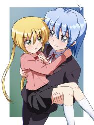  1boy 1girl absurdres ayasaki_hayate black_skirt blonde_hair blue_hair carrying green_eyes hayate_no_gotoku! highres looking_at_another lostorder princess_carry sanzen'in_nagi short_hair simple_background skirt twintails 