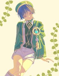  1boy absurdres akademiya_uniform alternate_costume beret closed_mouth genshin_impact green_hat green_shirt hat highres inunoami invisible_chair purple_hair scaramouche_(genshin_impact) school_uniform shirt short_hair shorts sitting socks solo violet_eyes vision_(genshin_impact) wanderer_(genshin_impact) white_shorts white_socks 