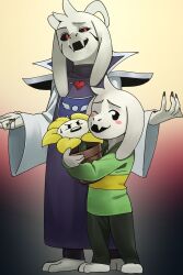  2boys animal_feet asriel_dreemurr asriel_dreemurr_(god_of_hyperdeath) black_pants black_sclera colored_sclera commentary_request flower_pot flowey_(undertale) full_body furry furry_male gradient_background green_sweater highres holding holding_flower_pot katahane3 looking_at_viewer male_focus multiple_boys multiple_persona one_eye_closed open_mouth pants purple_robe robe smile striped_clothes striped_sweater sweater undertale utdr_(toby_fox) 