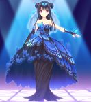  1girl antenna_hair bare_shoulders black_hair black_skirt blush breasts cleavage double_bun dress eyebrows eyebrows_visible_through_hair fingerless_gloves full_body game_cg hair_ornament highres large_breasts light long_hair long_skirt looking_at_viewer nishimata_aoi ookura_resona otome_riron_to_sonogo_no_shuuhen:_belle_&eacute;poque serious simple_background skirt solo standing strapless suzuhira_hiro veil violet_eyes 