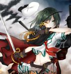  1girl belt cape check_commentary commentary commentary_request eyepatch gloves green_hair hat heterochromia kantai_collection kiso_(kantai_collection) long_hair looking_at_viewer midriff navel remodel_(kantai_collection) school_uniform serafuku skirt solo sword uniform weapon 