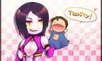  1girl black_hair breasts checkered_background cleavage dan_forden female food grin happy jpeg_artifacts mileena mortal_kombat pink_background puppet sharp_teeth short_hair solo teeth upper_body white_background yellow_eyes 