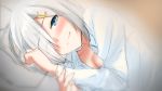  1girl blue_eyes blush breasts hair_ornament hair_over_one_eye hairclip hamakaze_(kantai_collection) highres kantai_collection large_breasts looking_at_viewer lying mizuu_rei on_bed on_side pillow smile tagme white_hair 