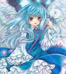  angel_wings blue_dress blue_hair dress frilled_dress frilled_sleeves frills holding holding_staff long_hair long_sleeves marker_(medium) multiple_wings open_mouth red_eyes rui_(sugar3) sariel staff touhou touhou_(pc-98) traditional_media white_wings wings 