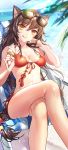  1girl ahri beach bent_knees bikini blush brown_hair facial_mark female food glasses glasses_off glasses_on_head gold_eyes ice_cream joypyonn kitsunemimi league_of_legends legs_crossed licking_lips long_hair midriff ocean outdoors sitting smile solo sunglasses sweets swimsuit swimwear tongue tongue_out water youkai 