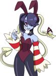  1girl bare_shoulders blue_skin bunnysuit detached_collar detached_sleeves female hair_over_one_eye leviathan_(skullgirls) rabbit_ears red_eyes side_ponytail skullgirls squigly_(skullgirls) stitched_mouth stitches zombie 