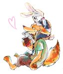  artist_request carrying disney drink fox from_side furry heart judy_hopps necktie nick_wilde no_humans paper_cup police police_uniform rabbit shoulder_carry simple_background sitting straw uniform white_background zootopia 