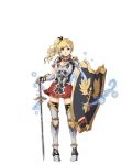  1girl armor armored_boots asymmetrical_bangs bangs blonde_hair blue_eyes boots braid breasts cleavage earrings elise_(royal_flush_heroes) french_braid full_body greaves highres holding holding_shield holding_sword holding_weapon jewelry long_hair official_art parted_lips pleated_skirt ponytail royal_flush_heroes shield side_ponytail skirt solo sword thigh-highs thigh_boots transparent_background weapon 