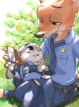    artist_request cellphone disney eye_contact fox furry judy_hopps looking looking_at_another lying lying_on_lap nick_wilde no_humans outdoors pointing police police_uniform rabbit smartphone uniform zootopia 
