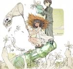  1boy 1girl bone bucket bug_net flower gakuran hat net original parallela66 severed_arm severed_limb skull straw_hat tanline twitter_username 