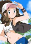  1girl armpit blue_eyes brown_hair hainchu midriff navel nintendo pokemon tied_shirt touko_(pokemon) vest 