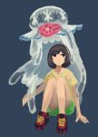  1girl beanie black_eyes black_hair blue_background female_protagonist_(pokemon_sm) floral_print green_shorts hat hat_removed headwear_removed jellyfish looking_away looking_to_the_side nihilego pleo pokemon pokemon_(creature) pokemon_(game) pokemon_sm red_hat shirt shoes short_hair short_sleeves shorts simple_background sitting sneakers solo ultra_beast yellow_shirt 