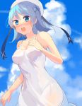  1girl blue_eyes blue_hair blush breasts clouds double_bun dress hat kantai_collection large_breasts open_mouth sailor_hat senbei_(senbe_i) sky sundress urakaze_(kantai_collection) 