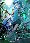  1girl blue_eyes blue_hair electricity female from_below hair_ornament hat jetpack kamindani kawashiro_nitori science_fiction short_twintails shorts solo touhou twintails 