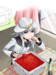  alcohol blue_eyes bucket caviar drinking hat hibiki_(kantai_collection) kantai_collection long_hair microwave misonou_hirokichi pinky_out spoon white_hair 