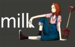  1girl converse milk original overalls pitchfork redhead shoes sitting sneakers 