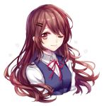  1girl blue_vest brown_eyes brown_hair long_hair looking_at_viewer mole mole_under_mouth one_eye_closed original portrait red_ribbon ribbon smile vest yuli_(yulipo) 