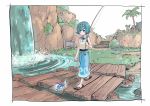  1girl absurdres ampr_3 blue_eyes blue_hair female fishing_rod hairband highres nature outdoors palm_tree plant pokemon pokemon_(creature) pokemon_(game) pokemon_sm ribbon sandals short_hair sky sleeveless smile solo suiren_(pokemon) tree water waterfall wishiwashi 