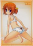  1girl adjusting_clothes adjusting_panties ass barefoot blue_eyes bra card_(object) feet female gradient gradient_background hidan_no_aria hiraga_aya kobuichi lingerie looking_at_viewer official_art orange_hair panties print_panties scan short_hair side_ponytail soles solo sports_bra text underwear white_background 