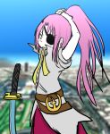  1girl adjusting_hair eyepatch koishi_adventure pink_hair ponytail red_eyes sentaku-bune sword touhou watatsuki_no_yorihime 