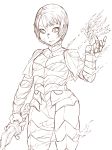  1girl absurdres armor artist_request ashen_one_(dark_souls_3) dark_souls dark_souls_iii female fire from_software monochrome short_hair simple_background solo sword thigh_boots tights white_background 