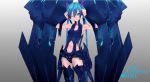 1girl alternate_costume blue_eyes blue_hair blurry boots breasts character_name cleavage female gradient hands_on_headphones hatsune_miku headphones highres jun_project junp long_hair midriff one_eye_closed open_mouth shoes simple_background sleeveless solo speaker thigh-highs thigh_boots twintails vocaloid wink 