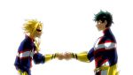  2boys all_might blonde_hair boku_no_hero_academia fist_bump green_hair midoriya_izuku multiple_boys muscle superhero 