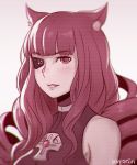  1girl animal_ears artist_name bangs bare_shoulders blunt_bangs blush cat_ears cross cybernetic_eye drill_hair eyebrows eyebrows_visible_through_hair female gradient gradient_background koyorin long_hair monochrome parted_lips red red_eyes redhead smile solo stella_hoshii upper_body va-11_hall-a white_background 