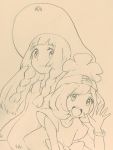  2girls braid dress female female_protagonist_(pokemon_sm) hat highres lillie_(pokemon) lineart long_hair looking_at_viewer monochrome multiple_girls pokemon pokemon_(game) pokemon_sm short_hair short_sleeves simple_background smile suirerien sun_hat sundress waving wristband 