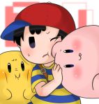  3boys black_hair blush crossover kirby kirby_(series) mother_(series) multiple_boys ness nintendo short_hair smile super_smash_bros. wink 